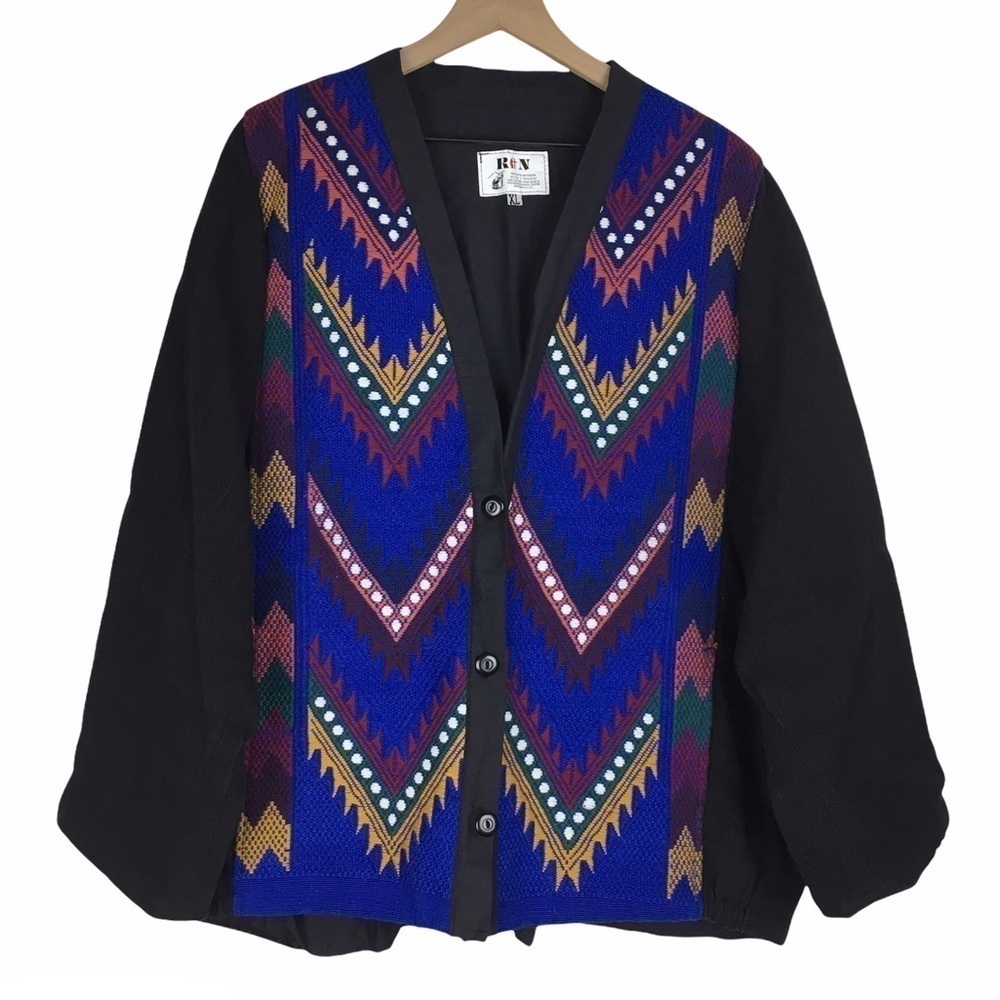 VINTAGE Blanket Coat Jacket Needlepoint Southwestern Oversized Woven Size XL